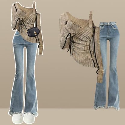 Irregualr Oblique Shoulder Long Sleeve Top Fringed Flared Denim Pants