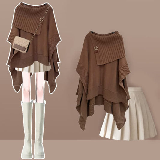 Irregular Off Shoulder Loose Cloak Sweater Pleated Skirt