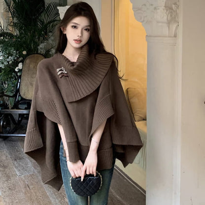 Irregular Off The Shoulder Loose Cloak Sweater Pleated Skirt