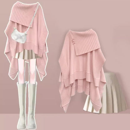 Irregular Off The Shoulder Loose Cloak Sweater Pleated