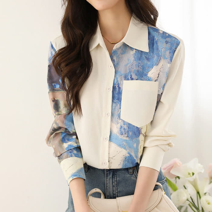 Irregular Printing Chiffon Pocket Lapel Shirt