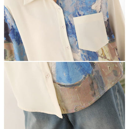 Irregular Printing Chiffon Pocket Lapel Shirt