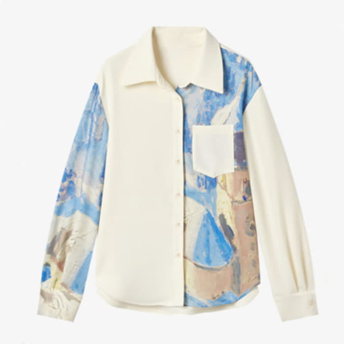 Irregular Printing Chiffon Pocket Lapel Shirt - Apricot / S