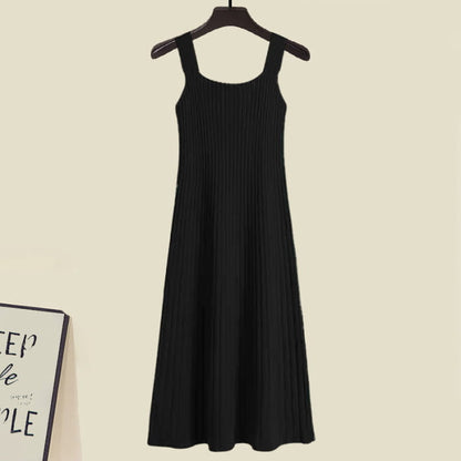 Irregular Short Sweater Slip Dress Set - Black / S