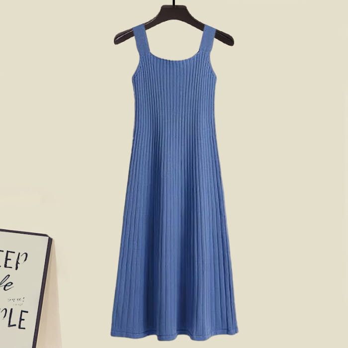 Irregular Short Sweater Slip Dress Set - Blue / S