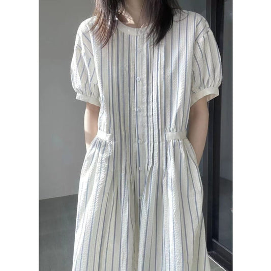Italian O-Neck Striped Cinched Patchwork Party Long Dress