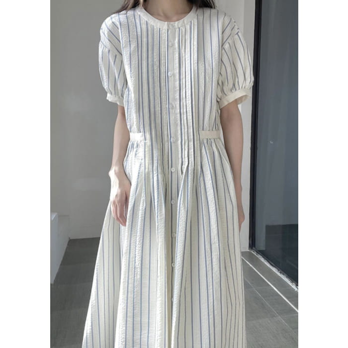 Italian O-Neck Striped Cinched Patchwork Party Long Dress