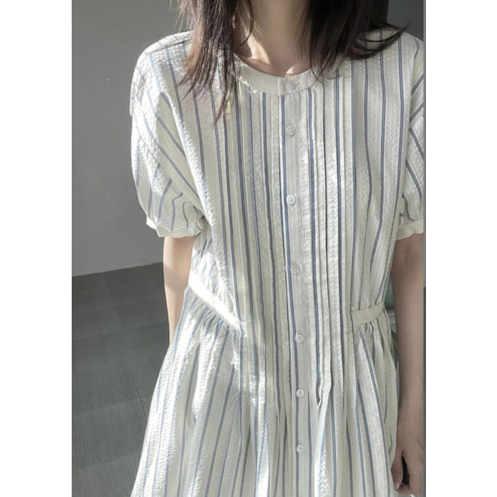 Italian O-Neck Striped Cinched Patchwork Party Long Dress