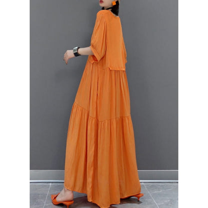 Italian Orange V Neck Patchwork Holiday Maxi Dress Summer