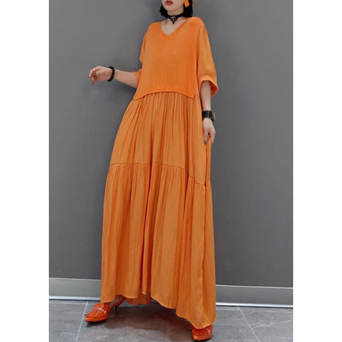 Italian Orange V Neck Patchwork Holiday Maxi Dress Summer