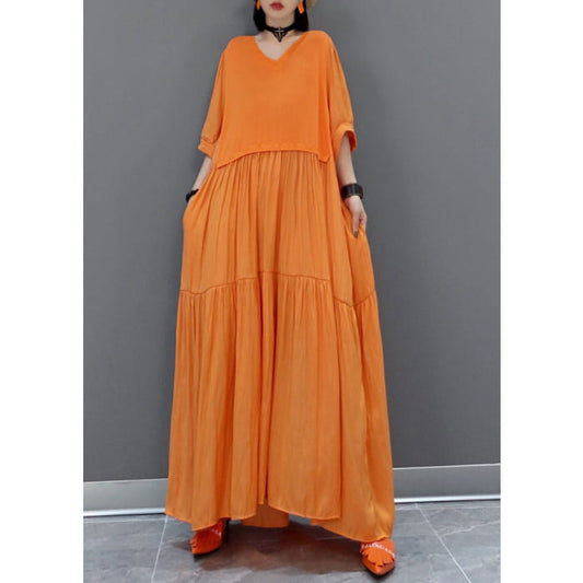 Italian Orange V Neck Patchwork Holiday Maxi Dress Summer