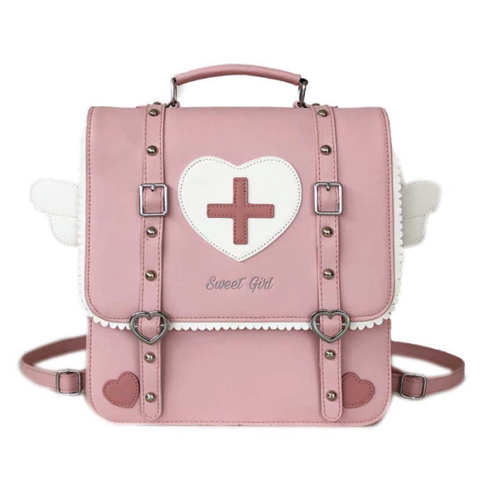 JK Love Heart Pattern Angel Wings Backpack - Pink / One Size