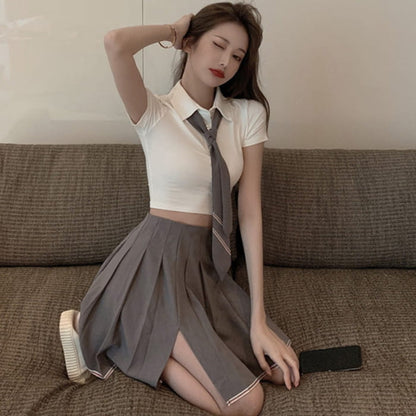 JK Tie T-Shirt Split Pleated Skirt Set