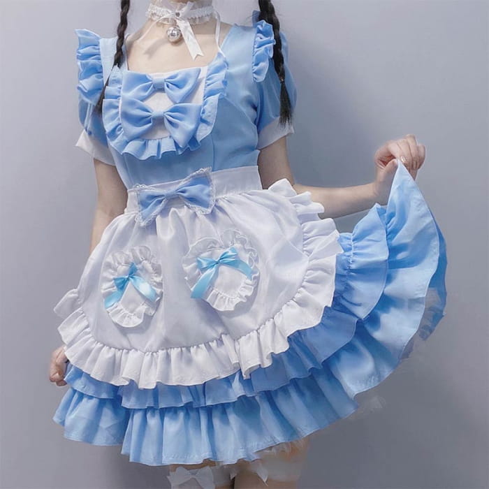 Kawaii Blue Lace Up Bow Maid Lolita Dress