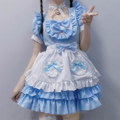 Kawaii Blue Lace Up Bow Maid Lolita Dress - S