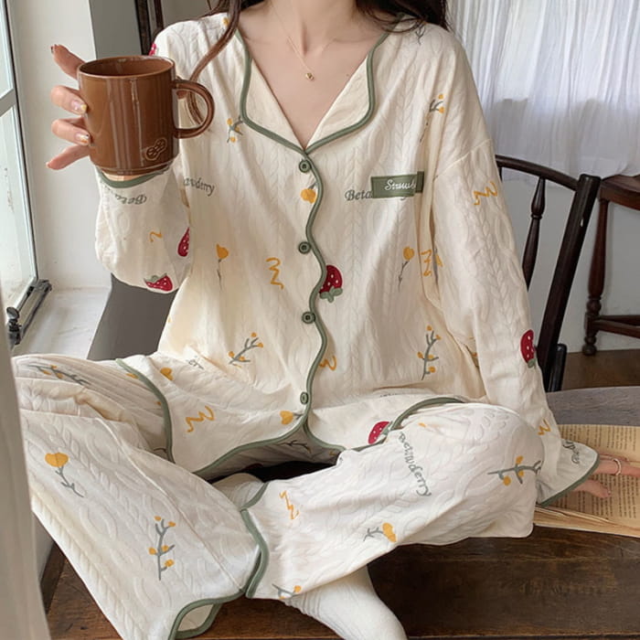 Kawaii Cartoon Long Sleeve Shirt Pants Pajamas Set - D / XL