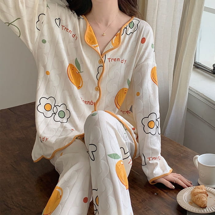 Kawaii Cartoon Long Sleeve Shirt Pants Pajamas Set - F / XL