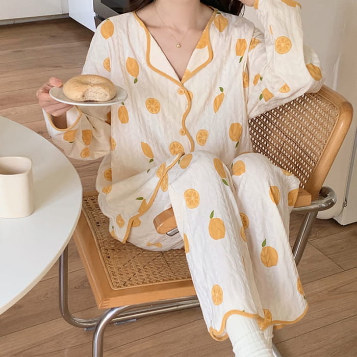 Kawaii Cartoon Long Sleeve Shirt Pants Pajamas Set - H / XL