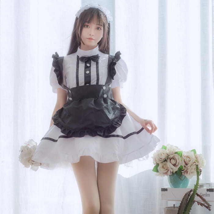 Kawaii Cosplay Lolita Maid Costume Dress Ruffle White Black