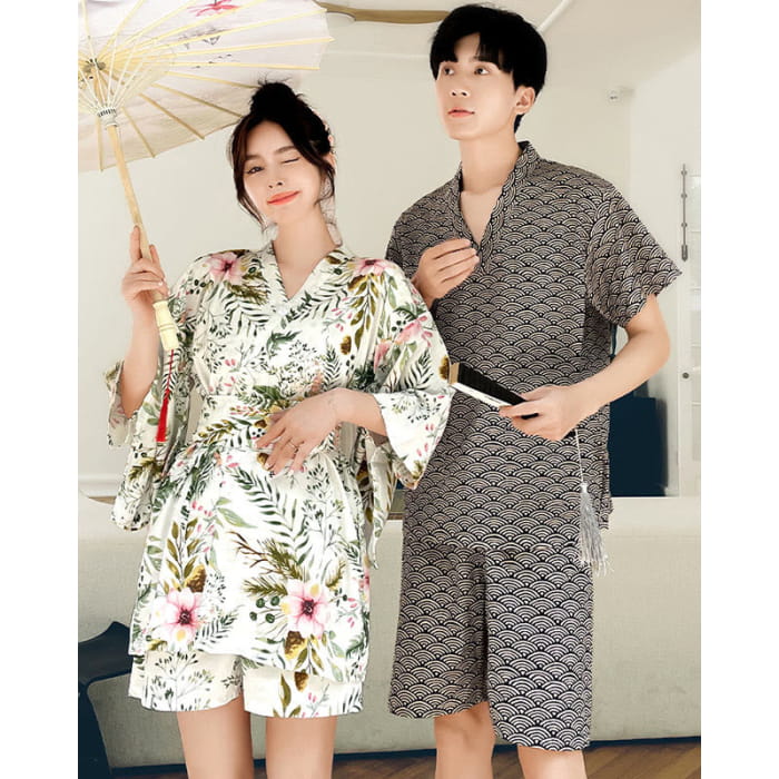 Kawaii Cotton Flowers Print Couple Outfit Pajamas 