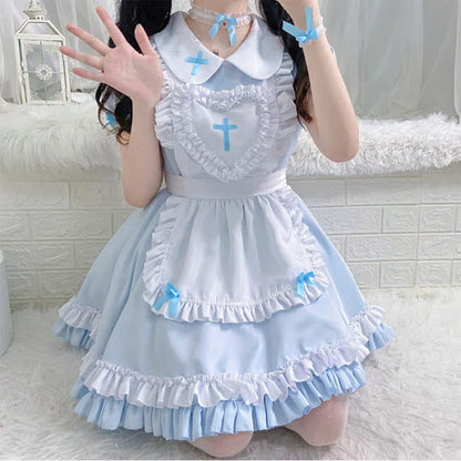 Kawaii Cross Print Ruffled Maid Lolita Dress Set