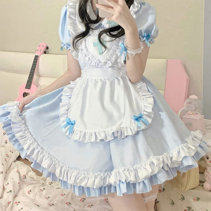 Kawaii Cross Print Ruffled Maid Lolita Dress Set