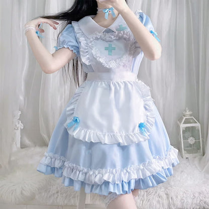 Kawaii Cross Print Ruffled Maid Lolita Dress Set