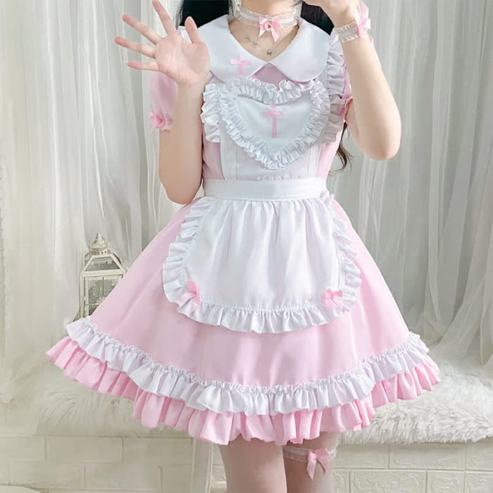 Kawaii Cross Print Ruffled Maid Lolita Dress Set