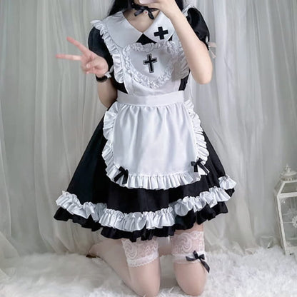 Kawaii Cross Print Ruffled Maid Lolita Dress Set