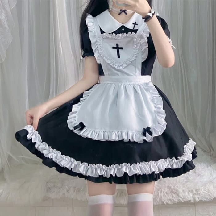 Kawaii Cross Print Ruffled Maid Lolita Dress Set - Black / S