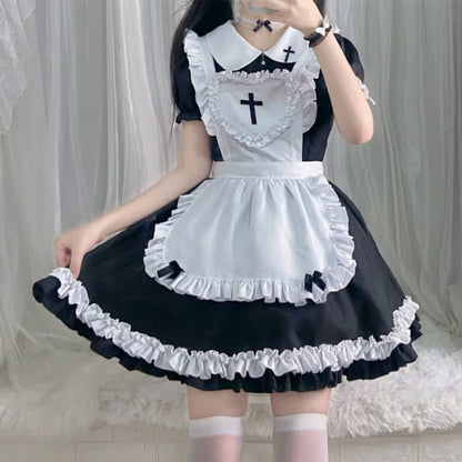 Kawaii Cross Print Ruffled Maid Lolita Dress Set - Black / S