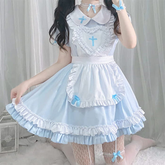 Kawaii Cross Print Ruffled Maid Lolita Dress Set - Blue / S