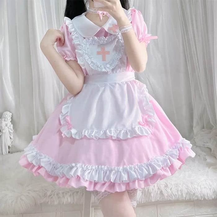 Kawaii Cross Print Ruffled Maid Lolita Dress Set - Pink / S