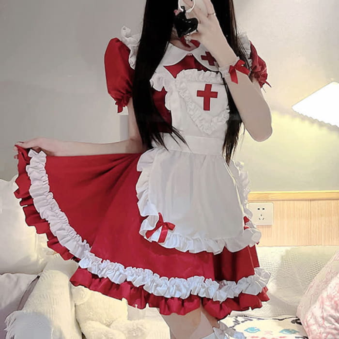 Kawaii Cross Print Ruffled Maid Lolita Dress Set - Red / S