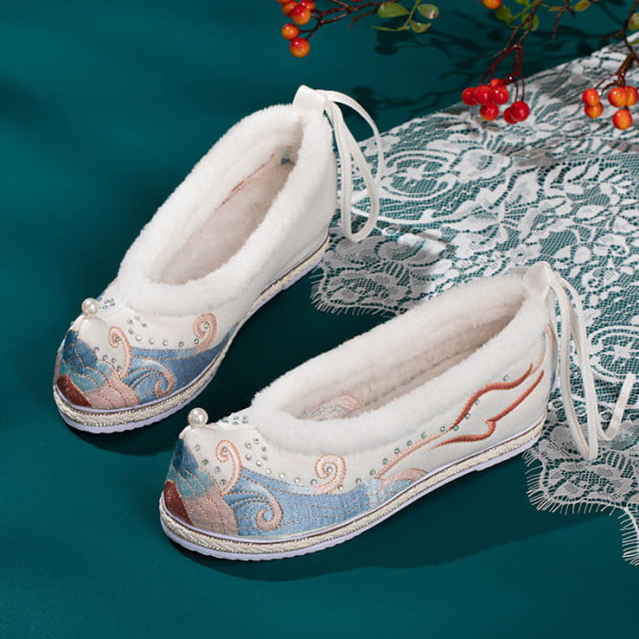 Kawaii Embroidery Wave Pearl Fuzzy Trim Flats Shoes