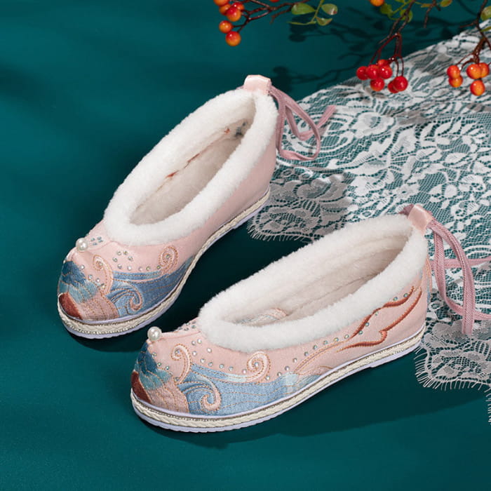 Kawaii Embroidery Wave Pearl Fuzzy Trim Flats Shoes