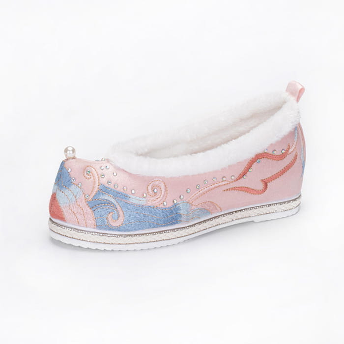 Kawaii Embroidery Wave Pearl Fuzzy Trim Flats Shoes - Pink