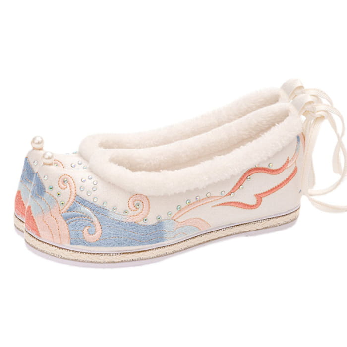 Kawaii Embroidery Wave Pearl Fuzzy Trim Flats Shoes - White
