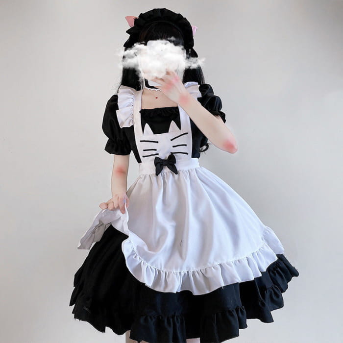 Kawaii Kitty Bow Lolita Maid Dress - Black&White / S