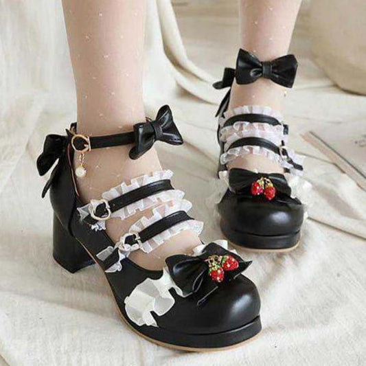 Kawaii Lace Bow Lolita Kitten Heel Mary Janes Shoes
