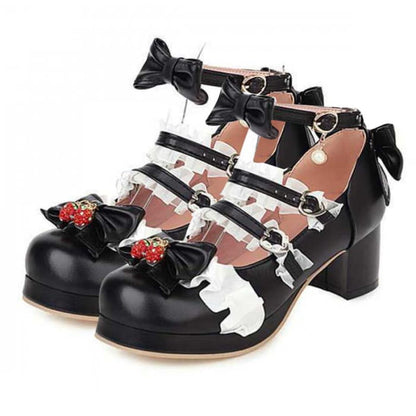 Kawaii Lace Bow Lolita Kitten Heel Mary Janes Shoes - Black