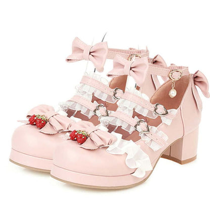 Kawaii Lace Bow Lolita Kitten Heel Mary Janes Shoes - Pink