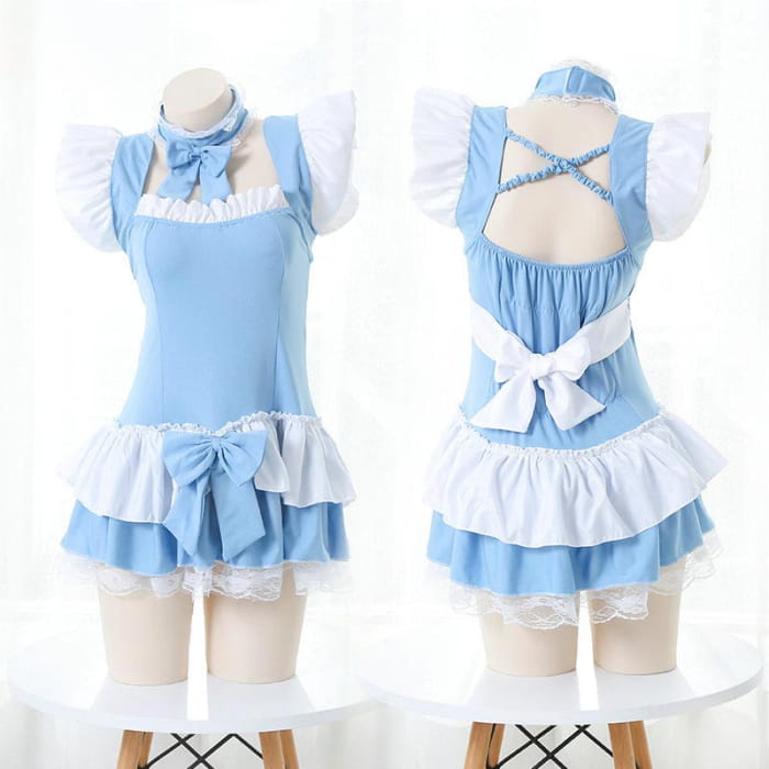 Kawaii Lolita Bow Knot Lace Hem Dress - Blue / One Size