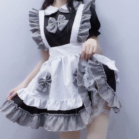 Kawaii Plaid Bow Tie Lolita Maid Ruffle Costume Dress