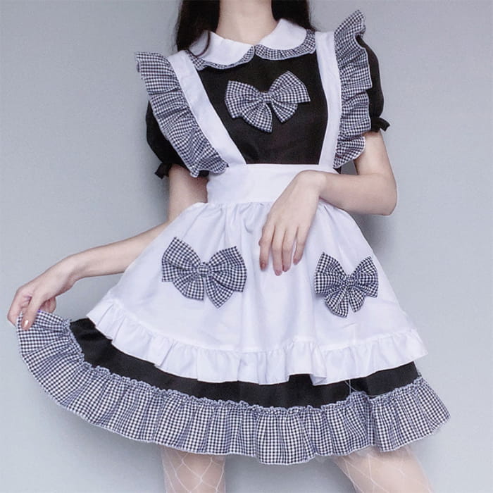 Kawaii Plaid Bow Tie Lolita Maid Ruffle Costume Dress