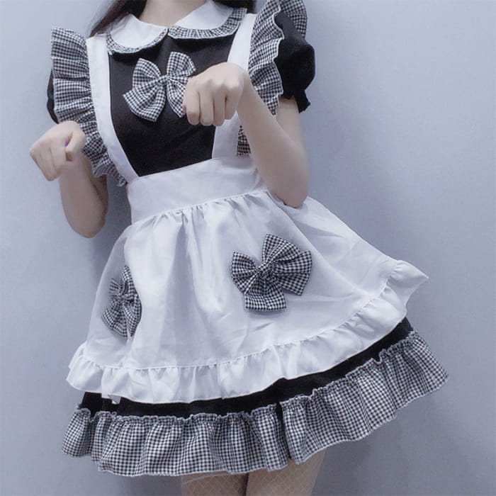 Kawaii Plaid Bow Tie Lolita Maid Ruffle Costume Dress