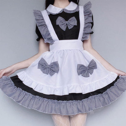 Kawaii Plaid Bow Tie Lolita Maid Ruffle Costume Dress