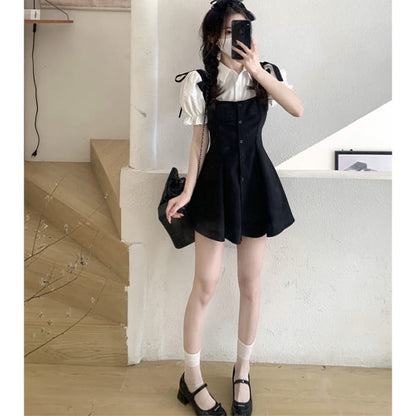 Kawaii Puff Sleeve T-Shirt Lace Up Dress Set