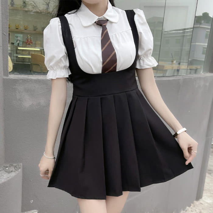 Kawaii Puff Sleeve T-Shirt Tie Pleated Suspender Skirt Set