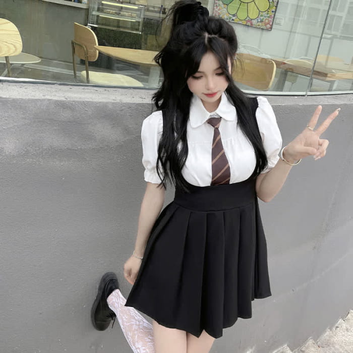 Kawaii Puff Sleeve T-Shirt Tie Pleated Suspender Skirt Set